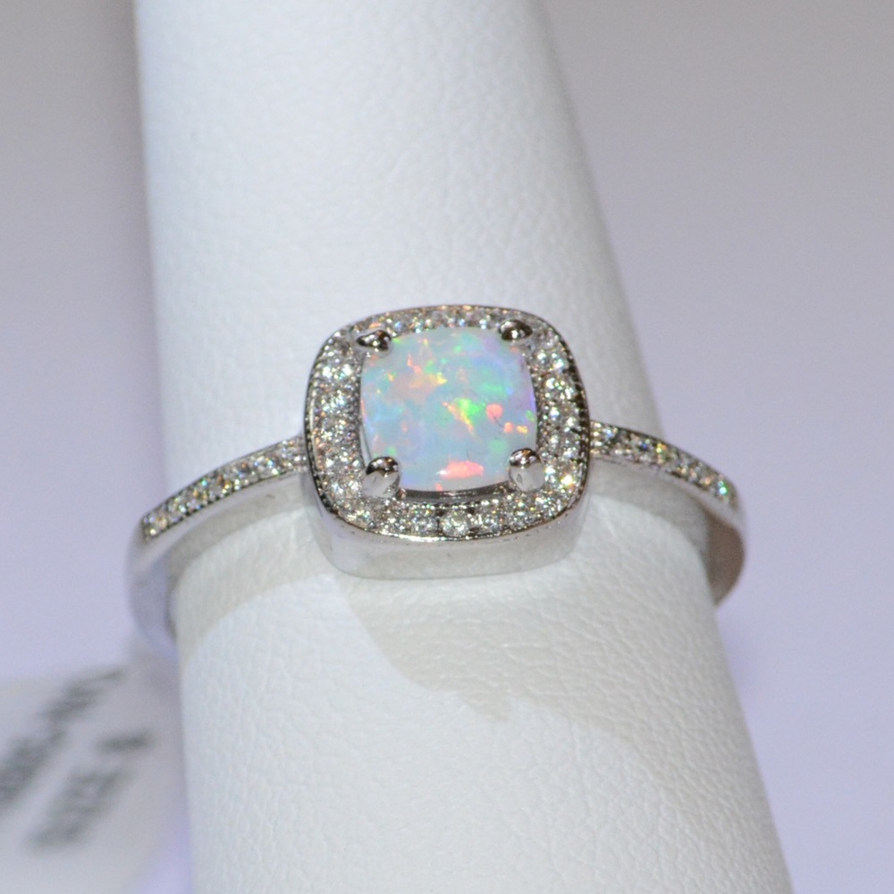 .925 Sterling Silver White Opal Princess Cut Ring